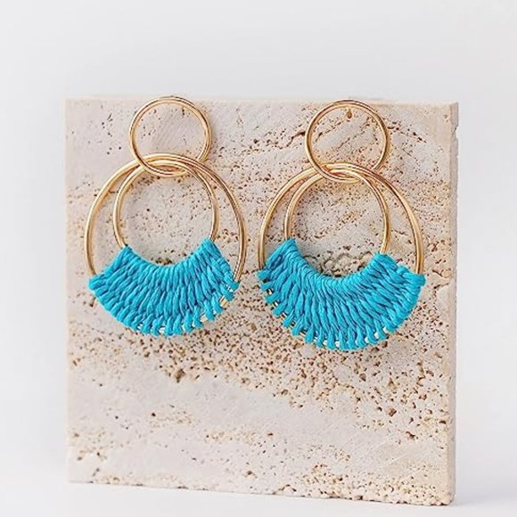Turquoise Blue Woven Raffia Gold Hoop Earrings Wicker Hoops Links Post Vacay New - Picture 3 of 5